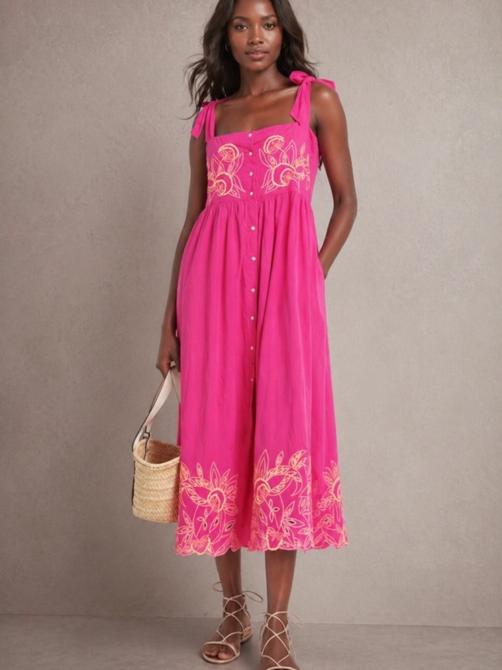 Juliet Dunn London Fuchsia Embroidered Midi Dress